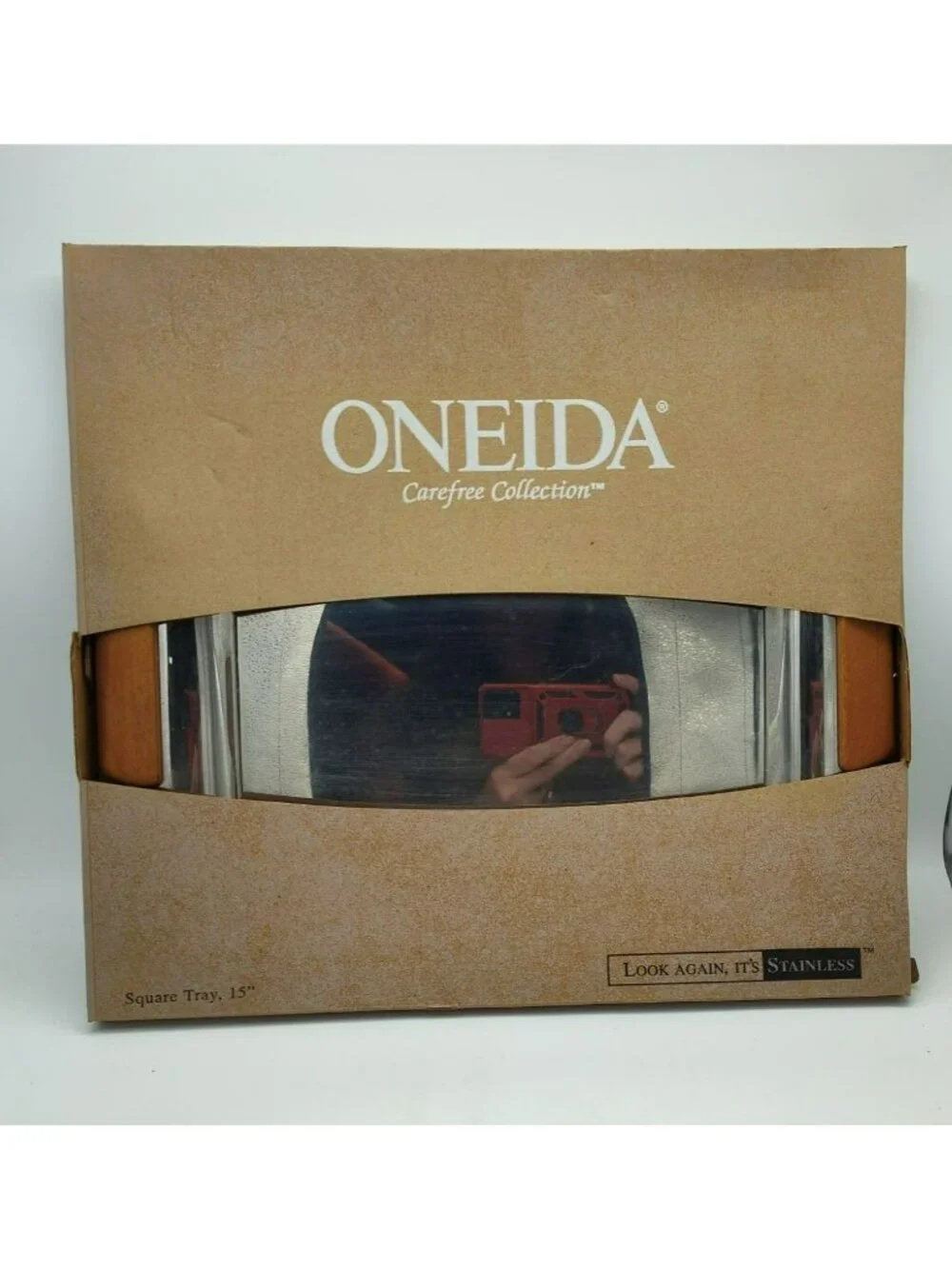 Vintage Oneida 15 Stainless Steel Serving Tray Wood Handles Mid Century Bar Tray
